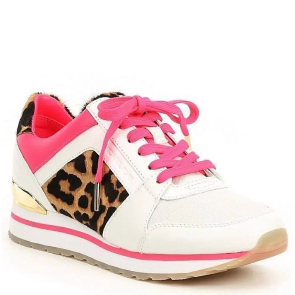 Michael Kors Billie Trainer Leather Neon Pink White Leopard Print Sneakers 7.5
